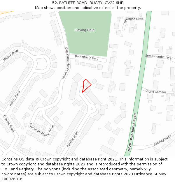 52, RATLIFFE ROAD, RUGBY, CV22 6HB: Location map and indicative extent of plot