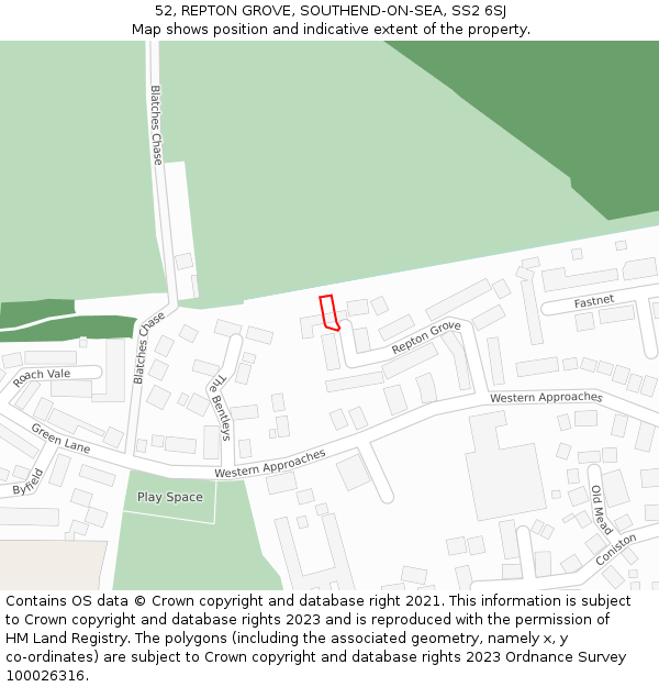52, REPTON GROVE, SOUTHEND-ON-SEA, SS2 6SJ: Location map and indicative extent of plot