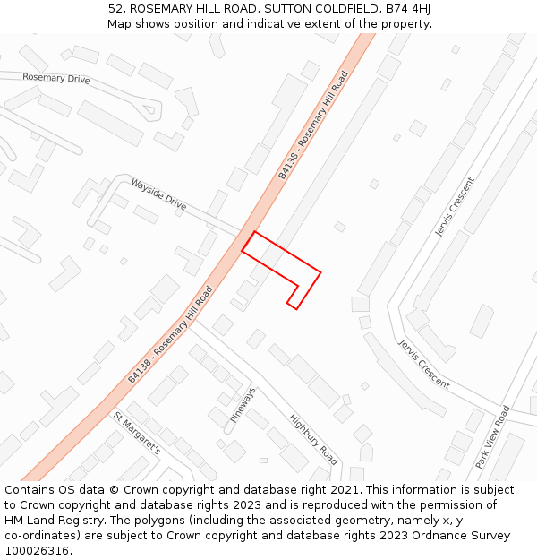 52, ROSEMARY HILL ROAD, SUTTON COLDFIELD, B74 4HJ: Location map and indicative extent of plot