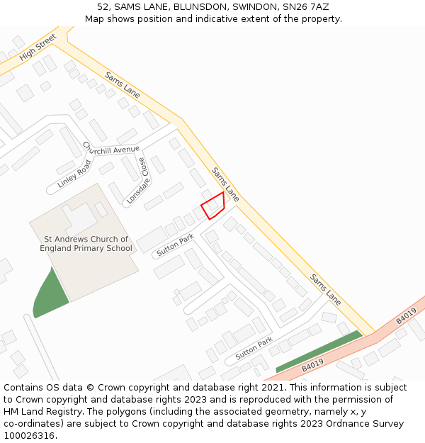 52, SAMS LANE, BLUNSDON, SWINDON, SN26 7AZ: Location map and indicative extent of plot