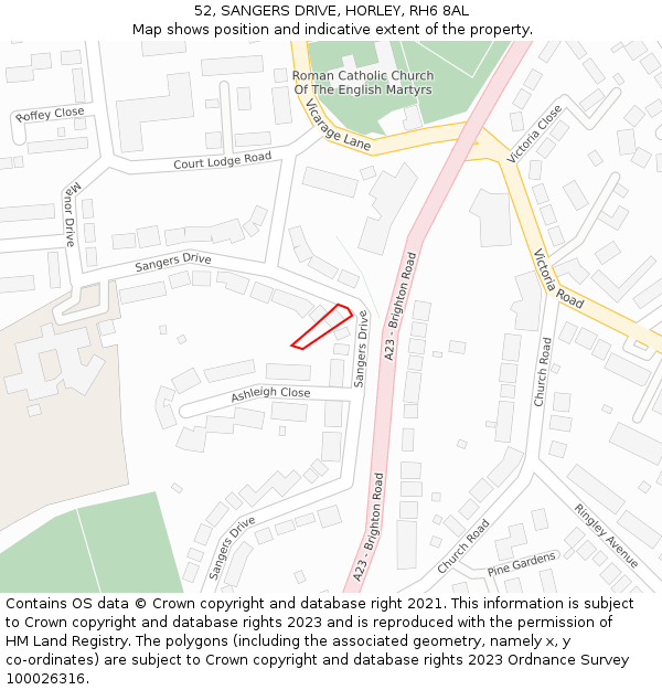 52, SANGERS DRIVE, HORLEY, RH6 8AL: Location map and indicative extent of plot