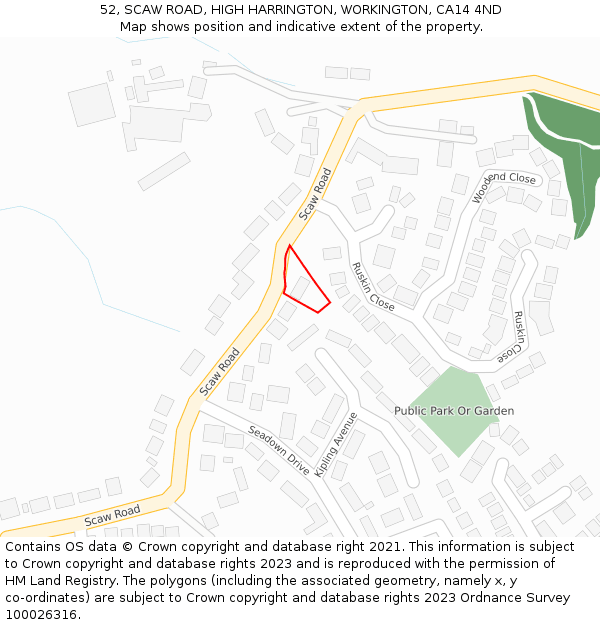 52, SCAW ROAD, HIGH HARRINGTON, WORKINGTON, CA14 4ND: Location map and indicative extent of plot