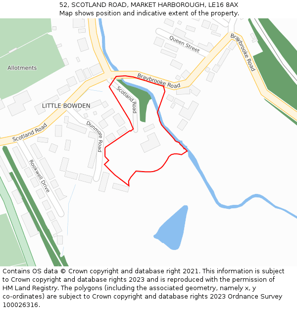 52, SCOTLAND ROAD, MARKET HARBOROUGH, LE16 8AX: Location map and indicative extent of plot