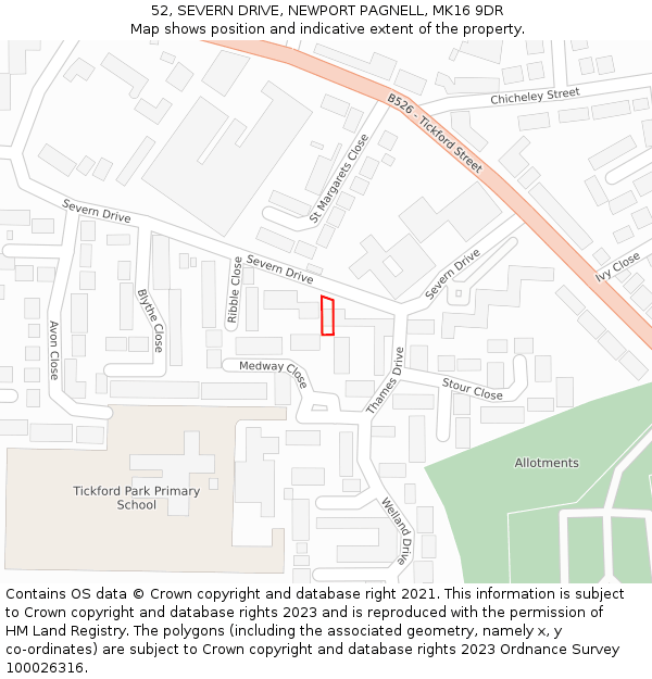 52, SEVERN DRIVE, NEWPORT PAGNELL, MK16 9DR: Location map and indicative extent of plot