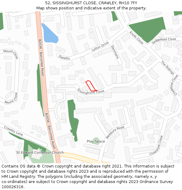 52, SISSINGHURST CLOSE, CRAWLEY, RH10 7FY: Location map and indicative extent of plot