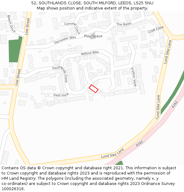 52, SOUTHLANDS CLOSE, SOUTH MILFORD, LEEDS, LS25 5NU: Location map and indicative extent of plot