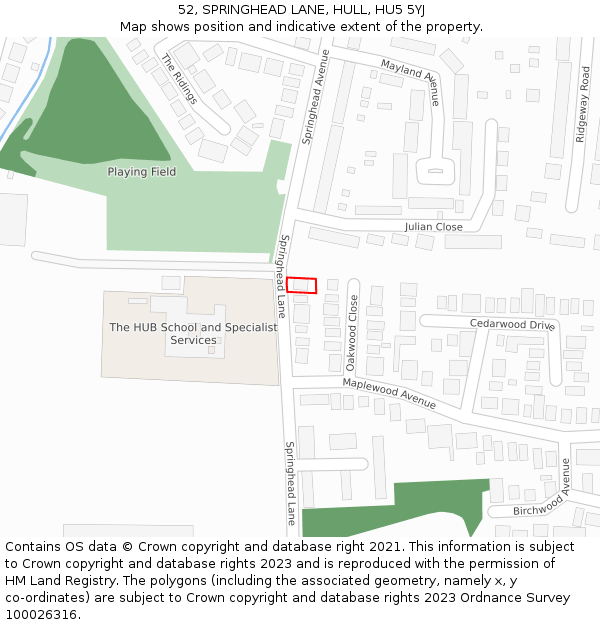 52, SPRINGHEAD LANE, HULL, HU5 5YJ: Location map and indicative extent of plot