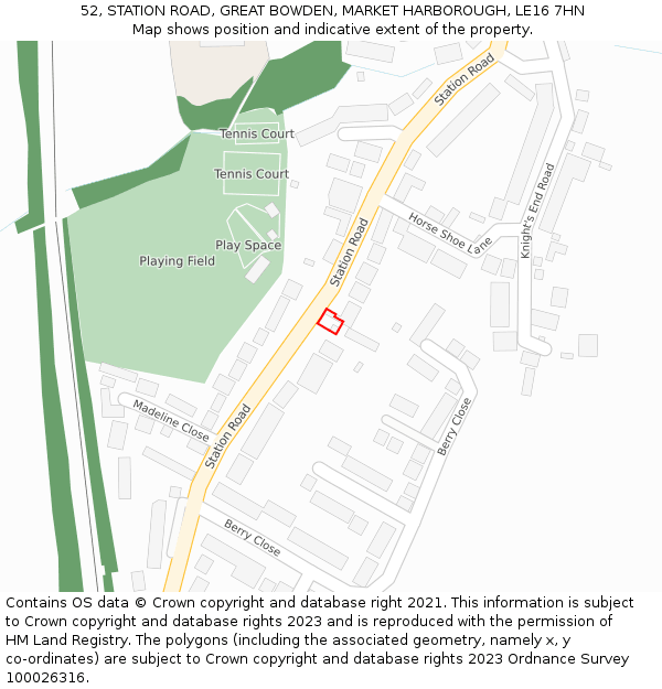 52, STATION ROAD, GREAT BOWDEN, MARKET HARBOROUGH, LE16 7HN: Location map and indicative extent of plot