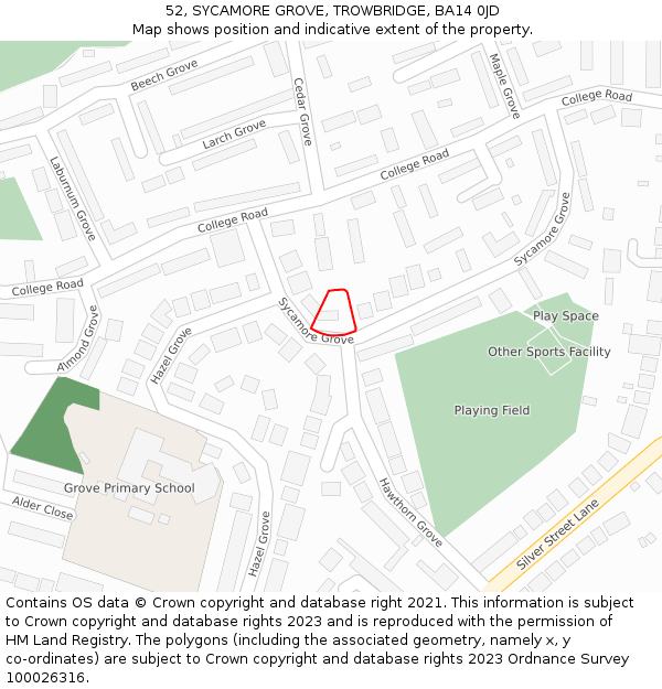 52, SYCAMORE GROVE, TROWBRIDGE, BA14 0JD: Location map and indicative extent of plot