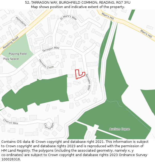 52, TARRAGON WAY, BURGHFIELD COMMON, READING, RG7 3YU: Location map and indicative extent of plot