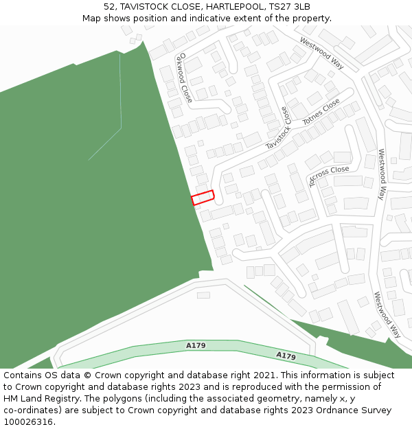 52, TAVISTOCK CLOSE, HARTLEPOOL, TS27 3LB: Location map and indicative extent of plot