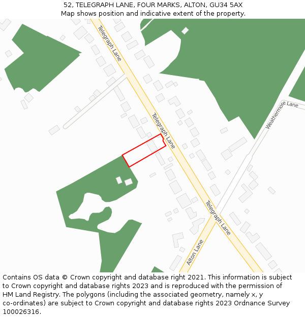 52, TELEGRAPH LANE, FOUR MARKS, ALTON, GU34 5AX: Location map and indicative extent of plot