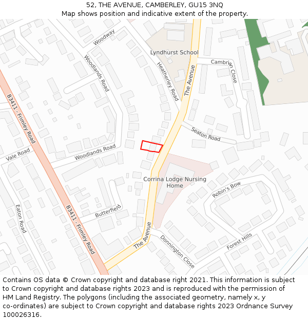 52, THE AVENUE, CAMBERLEY, GU15 3NQ: Location map and indicative extent of plot