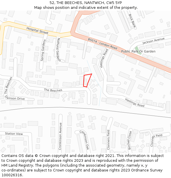 52, THE BEECHES, NANTWICH, CW5 5YP: Location map and indicative extent of plot