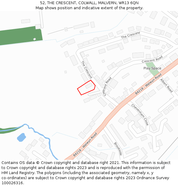 52, THE CRESCENT, COLWALL, MALVERN, WR13 6QN: Location map and indicative extent of plot