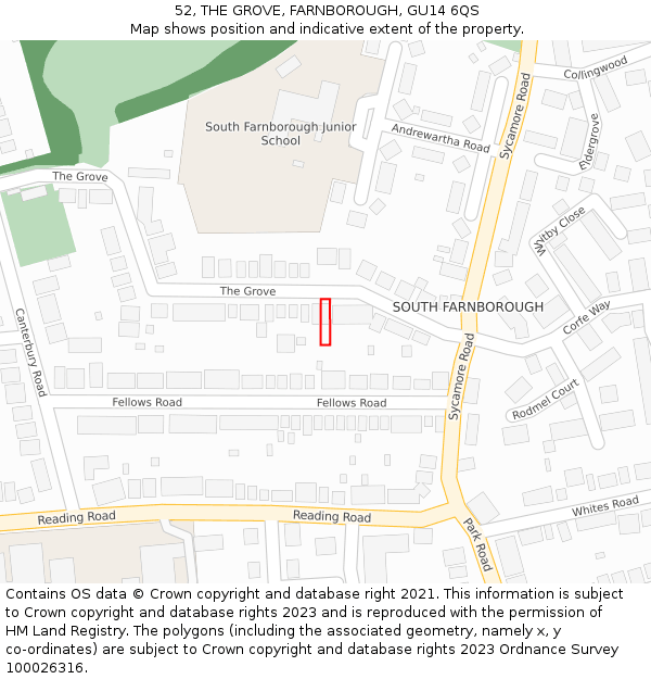 52, THE GROVE, FARNBOROUGH, GU14 6QS: Location map and indicative extent of plot