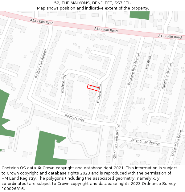 52, THE MALYONS, BENFLEET, SS7 1TU: Location map and indicative extent of plot