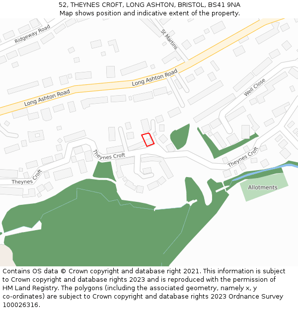 52, THEYNES CROFT, LONG ASHTON, BRISTOL, BS41 9NA: Location map and indicative extent of plot