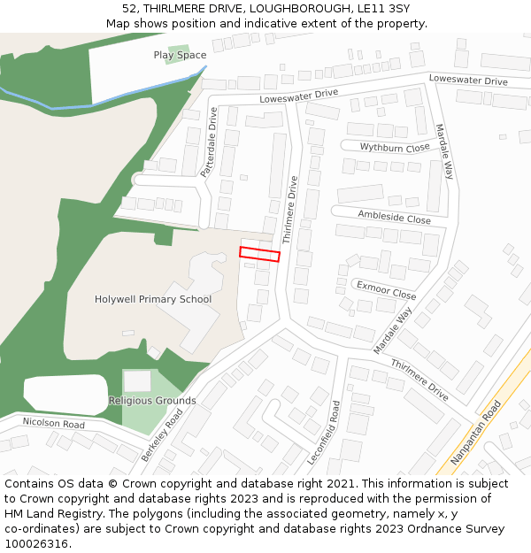 52, THIRLMERE DRIVE, LOUGHBOROUGH, LE11 3SY: Location map and indicative extent of plot