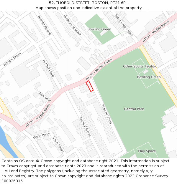 52, THOROLD STREET, BOSTON, PE21 6PH: Location map and indicative extent of plot