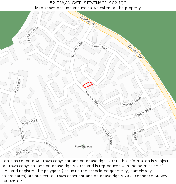 52, TRAJAN GATE, STEVENAGE, SG2 7QG: Location map and indicative extent of plot