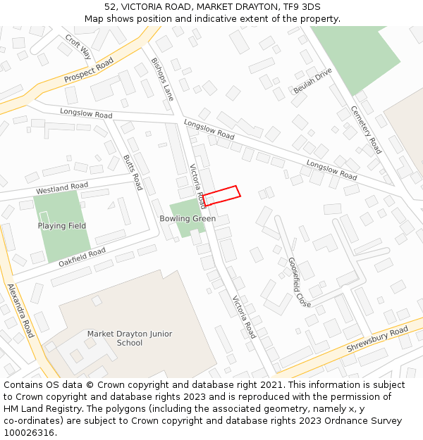 52, VICTORIA ROAD, MARKET DRAYTON, TF9 3DS: Location map and indicative extent of plot