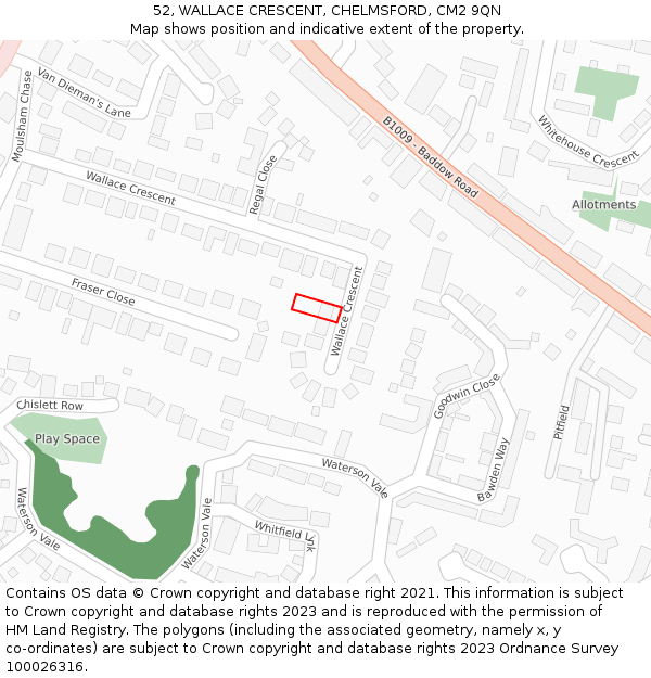 52, WALLACE CRESCENT, CHELMSFORD, CM2 9QN: Location map and indicative extent of plot