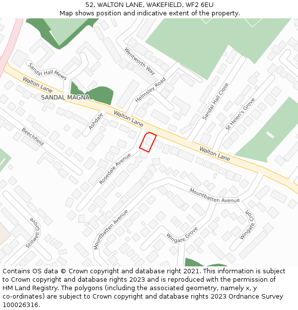 52, WALTON LANE, WAKEFIELD, WF2 6EU: Location map and indicative extent of plot