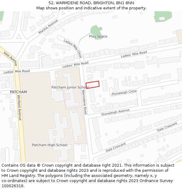52, WARMDENE ROAD, BRIGHTON, BN1 8NN: Location map and indicative extent of plot