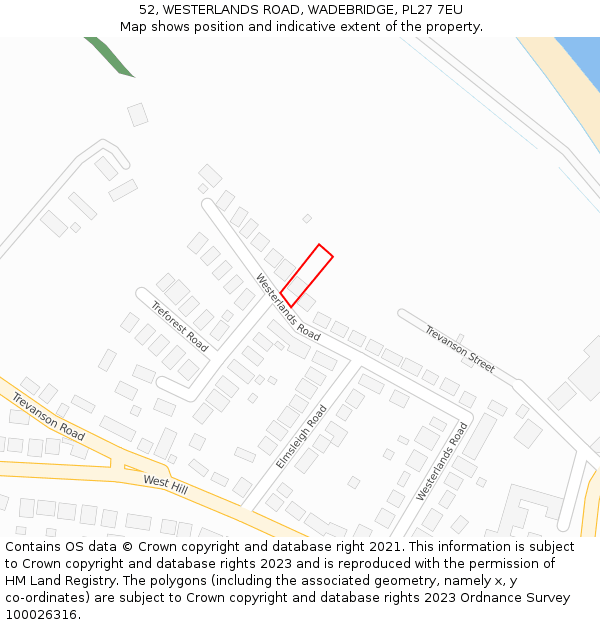 52, WESTERLANDS ROAD, WADEBRIDGE, PL27 7EU: Location map and indicative extent of plot