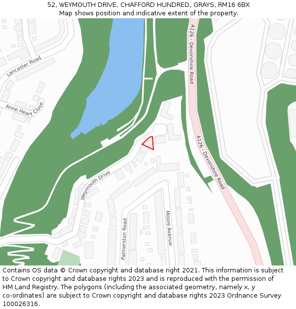 52, WEYMOUTH DRIVE, CHAFFORD HUNDRED, GRAYS, RM16 6BX: Location map and indicative extent of plot