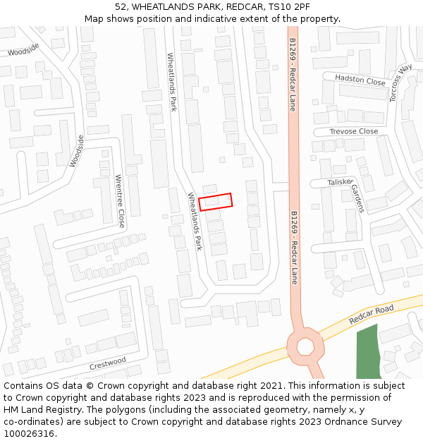 52, WHEATLANDS PARK, REDCAR, TS10 2PF: Location map and indicative extent of plot