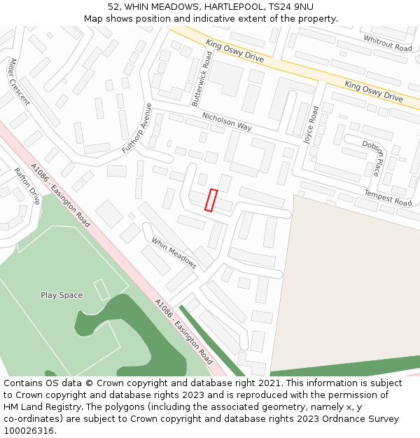 52, WHIN MEADOWS, HARTLEPOOL, TS24 9NU: Location map and indicative extent of plot