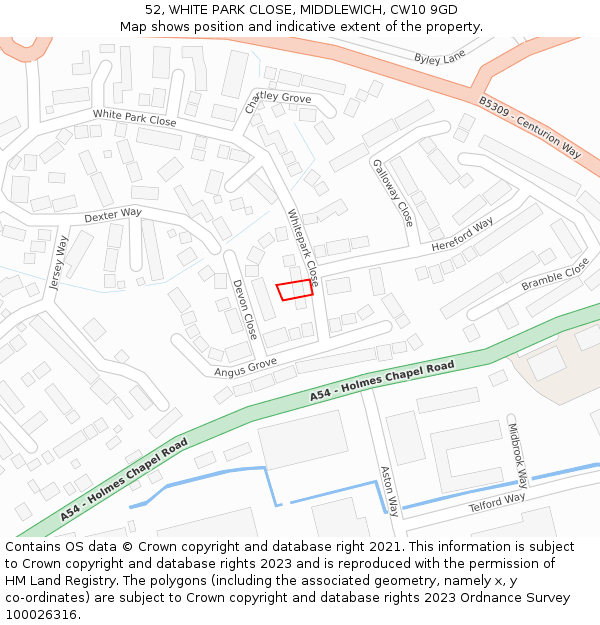 52, WHITE PARK CLOSE, MIDDLEWICH, CW10 9GD: Location map and indicative extent of plot