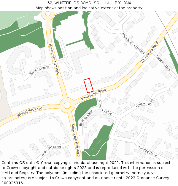 52, WHITEFIELDS ROAD, SOLIHULL, B91 3NX: Location map and indicative extent of plot