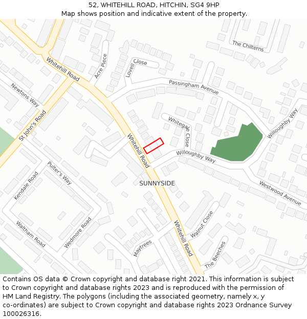 52, WHITEHILL ROAD, HITCHIN, SG4 9HP: Location map and indicative extent of plot