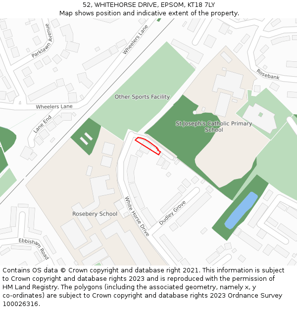 52, WHITEHORSE DRIVE, EPSOM, KT18 7LY: Location map and indicative extent of plot