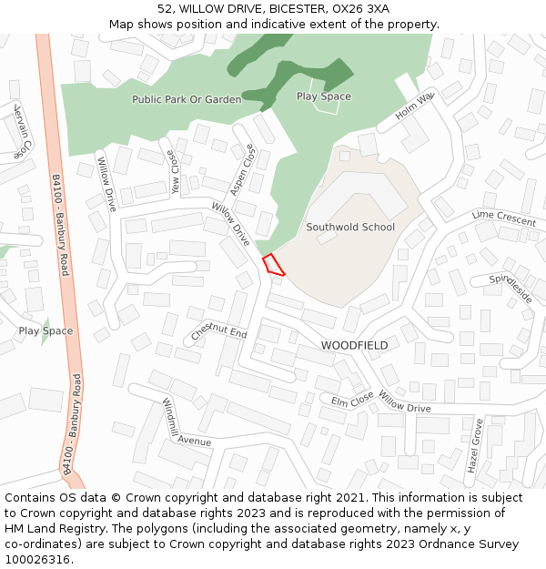 52, WILLOW DRIVE, BICESTER, OX26 3XA: Location map and indicative extent of plot