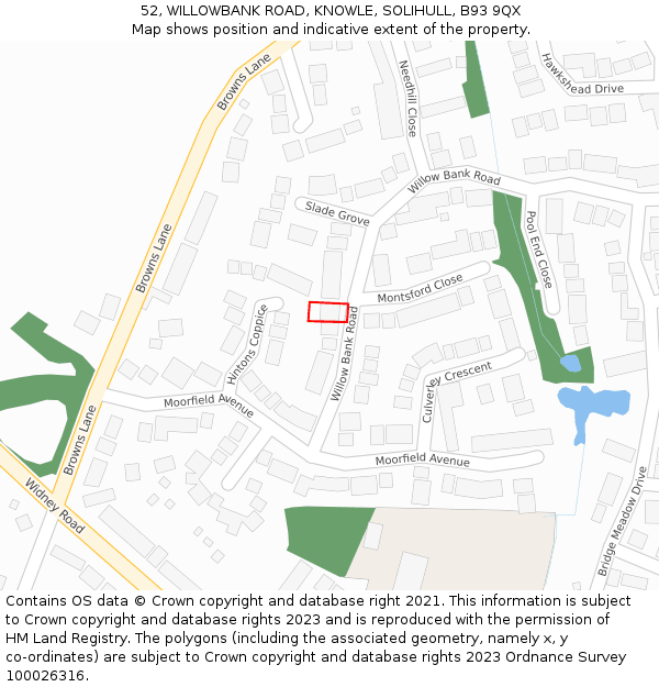 52, WILLOWBANK ROAD, KNOWLE, SOLIHULL, B93 9QX: Location map and indicative extent of plot