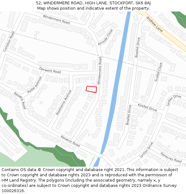 52, WINDERMERE ROAD, HIGH LANE, STOCKPORT, SK6 8AJ: Location map and indicative extent of plot