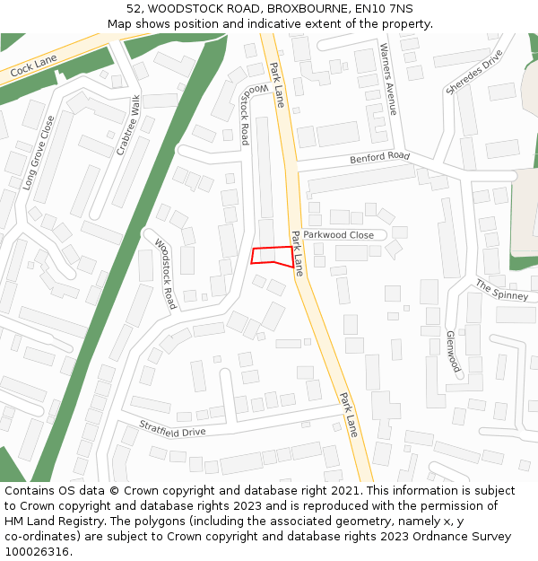 52, WOODSTOCK ROAD, BROXBOURNE, EN10 7NS: Location map and indicative extent of plot