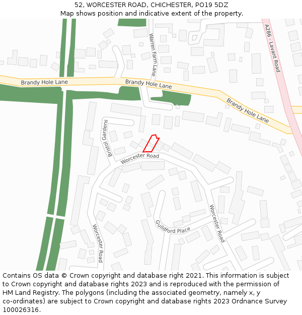 52, WORCESTER ROAD, CHICHESTER, PO19 5DZ: Location map and indicative extent of plot