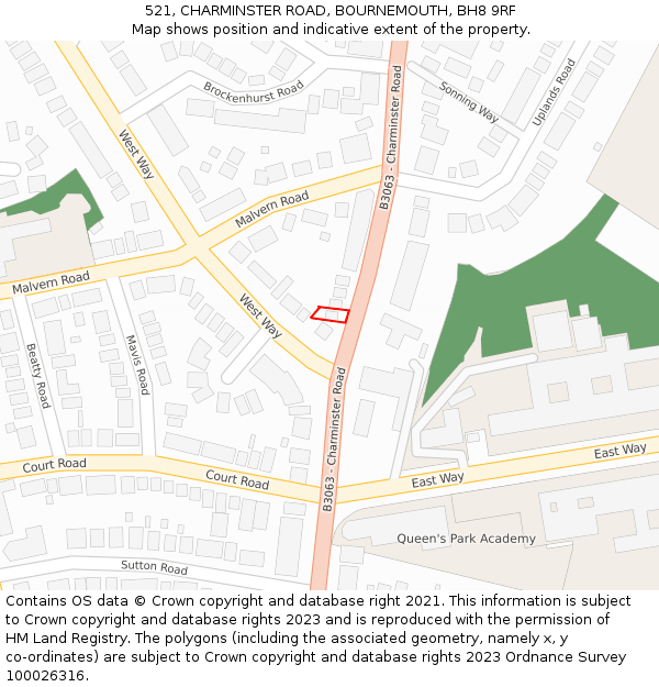 521, CHARMINSTER ROAD, BOURNEMOUTH, BH8 9RF: Location map and indicative extent of plot