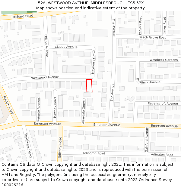 52A, WESTWOOD AVENUE, MIDDLESBROUGH, TS5 5PX: Location map and indicative extent of plot