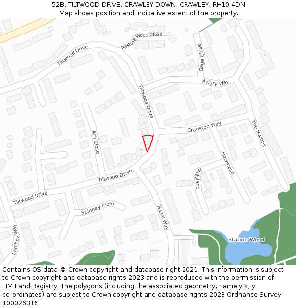 52B, TILTWOOD DRIVE, CRAWLEY DOWN, CRAWLEY, RH10 4DN: Location map and indicative extent of plot