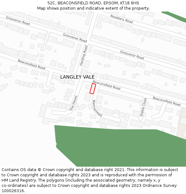 52C, BEACONSFIELD ROAD, EPSOM, KT18 6HS: Location map and indicative extent of plot