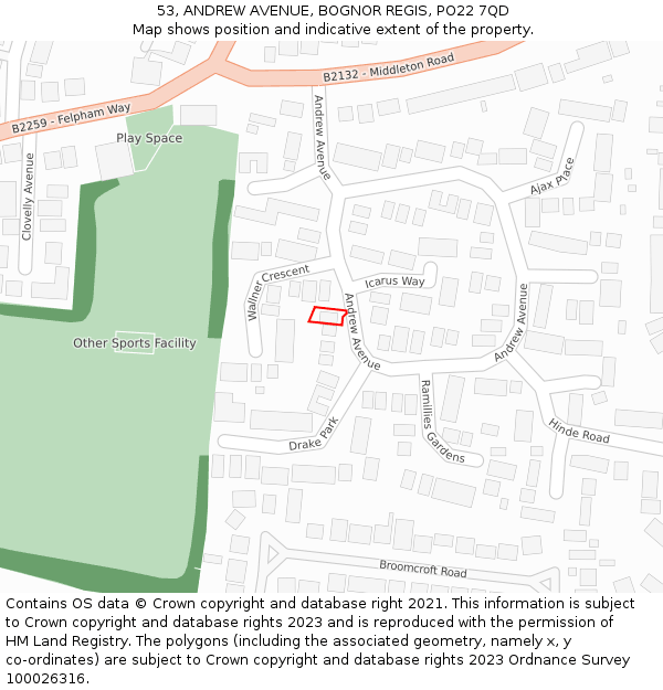 53, ANDREW AVENUE, BOGNOR REGIS, PO22 7QD: Location map and indicative extent of plot