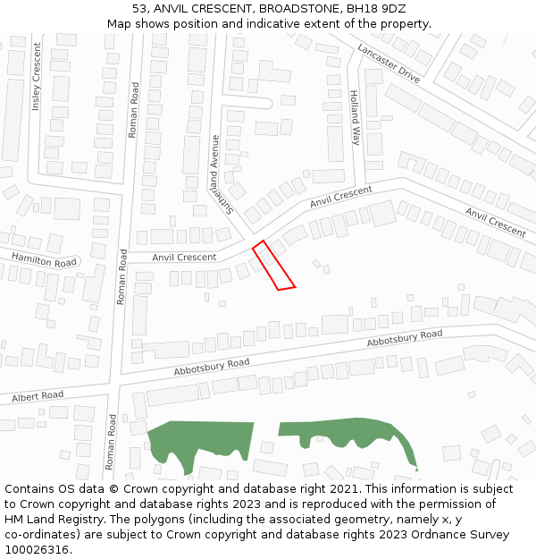 53, ANVIL CRESCENT, BROADSTONE, BH18 9DZ: Location map and indicative extent of plot