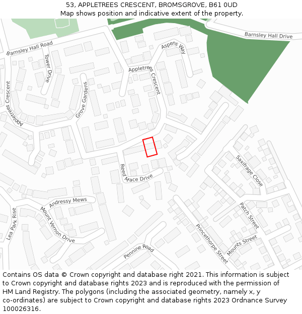 53, APPLETREES CRESCENT, BROMSGROVE, B61 0UD: Location map and indicative extent of plot