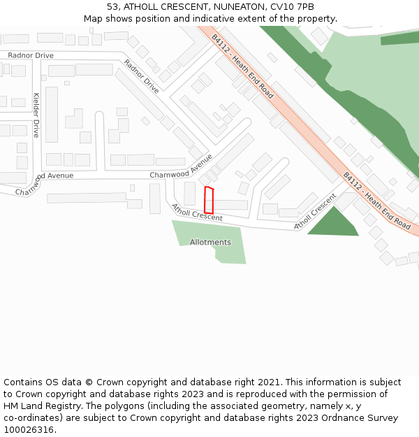 53, ATHOLL CRESCENT, NUNEATON, CV10 7PB: Location map and indicative extent of plot